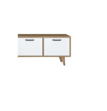 Mueble TV Color Blanco Nogal Melamina Natural - Patas Madera - 180x29.7x48.6 cm - 3 Cajones y Estantes.